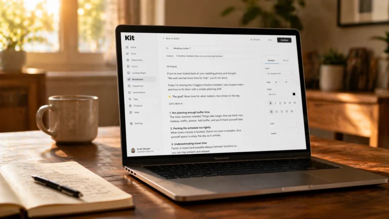 Laptop on a warm walnut home office desk displaying the Kit ConvertKit email composition window with a newsletter being written alongside a handwritten ideas list representing 25 newsletter content ideas