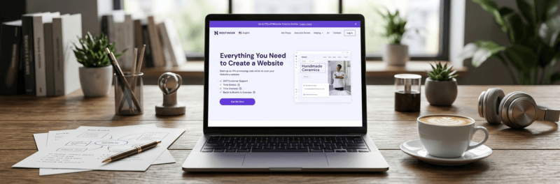 A wide-angle, panoramic photograph shows a minimalist workspace centered around an open laptop on a rustic wooden desk. The laptop screen displays the Hostinger website. To the left of the laptop are scattered handwritten notes and a pen.