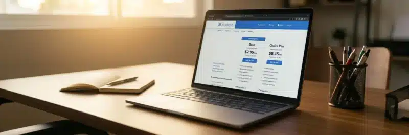 Laptop on a warm walnut home office desk displaying the Bluehost hosting pricing page with a SiteGround browser tab visible as part of an affordable blog hosting comparison