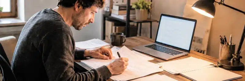 Blogger reworking an AI draft by hand, showing AI writing tools as a starting point not a finished post.