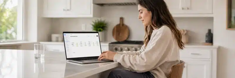 Woman in casual clothes at a bright white kitchen island with laptop showing the Kit ConvertKit automation builder with a five-step welcome email sequence as an example of an automated email sequence