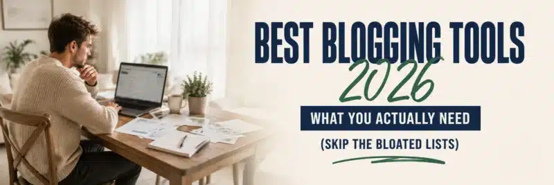 Man reviewing the best blogging tools for 2026 on a laptop