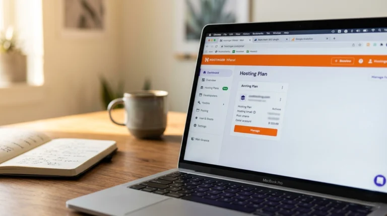 Laptop on a warm walnut home office desk displaying the Hostinger hPanel dashboard as part of a roundup of the best blogging tools in 2026