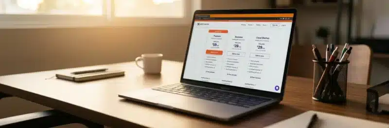 Laptop on a warm walnut home office desk displaying the Hostinger hosting plan comparison page with intro and renewal pricing shown as part of a best hosting for bloggers guide