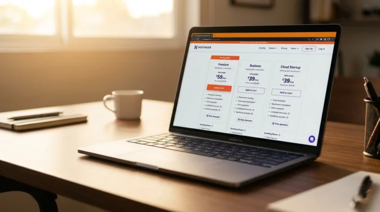 Laptop on a warm walnut home office desk displaying the Hostinger hosting plan comparison page as part of a roundup of the best hosting for bloggers in 2026