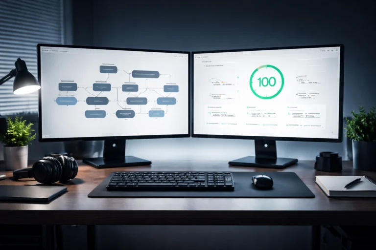 A professional workspace showing a scalable WordPress hosting roadmap on a monitor.
