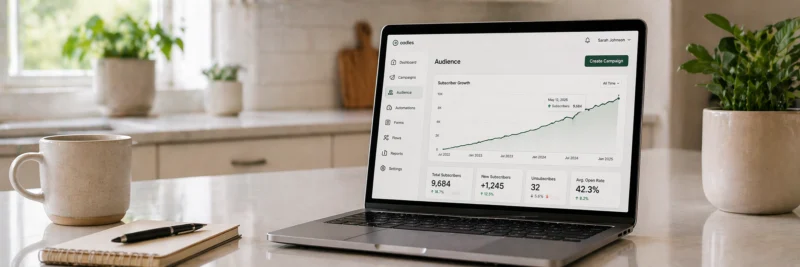 Laptop displaying email subscriber growth graph from using effective lead magnets