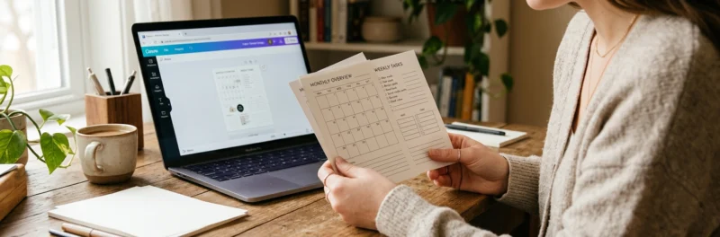 A beginner reviewing the best printables to sell including simple planners and checklists