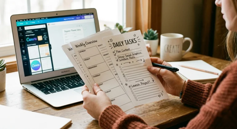 A laptop and printed habit tracker on a clean desk, showcasing best printables to sell for beginners.