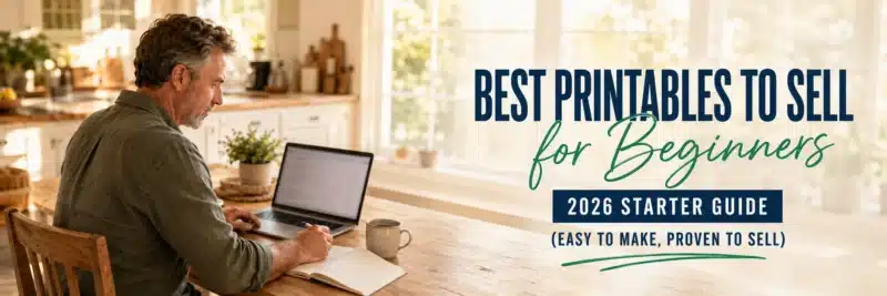 Man researching the best printables to sell as a beginner at a kitchen table