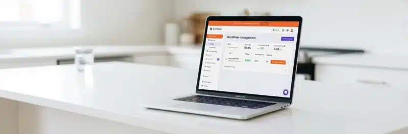 Laptop on a bright white kitchen island displaying the Hostinger hPanel WordPress management page showing uptime and performance stats for the best WordPress hosting for bloggers
