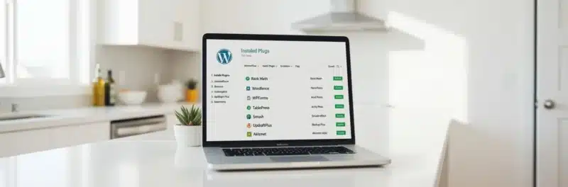 Laptop on a bright white kitchen island displaying the WordPress installed plugins page showing exactly eight active essential plugins as the best WordPress plugins for bloggers