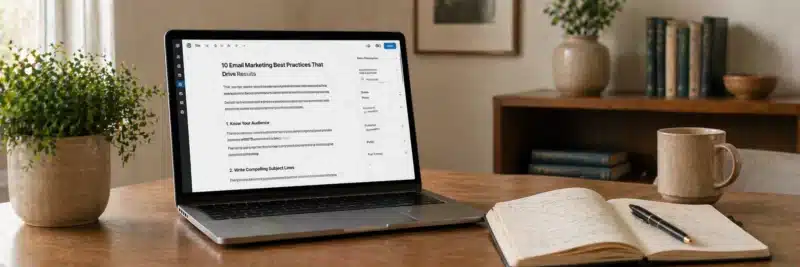 Laptop and notebook on desk showing blog writing process based on keyword research