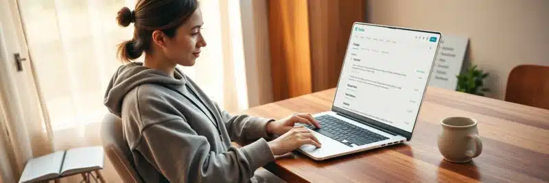 Woman in casual home working clothes sitting at a warm walnut home office desk reviewing the WordPress posts dashboard with a growing list of published posts representing blog post ideas for beginners in action