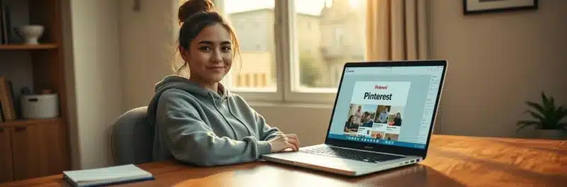 Woman in casual home working clothes at a warm walnut home office desk with laptop showing the Canva design editor with a Pinterest pin template open as one of the best blogging tools for beginners