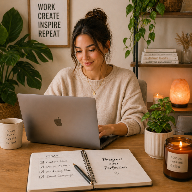 Woman working on laptop at cosy home office desk with notebook and plants, representing online business ideas