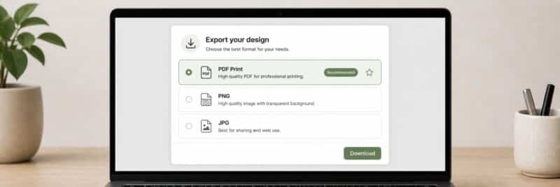 Stylised Canva export dialogue showing PDF Print option highlighted as the recommended format for selling printables on Etsy