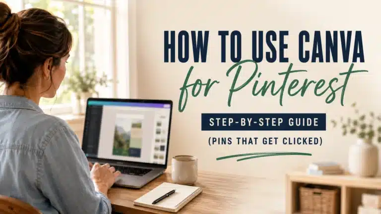 Woman designing Pinterest pins with Canva featured image