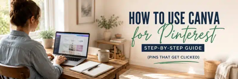 Woman designing Pinterest pins with Canva on her laptop at a home desk