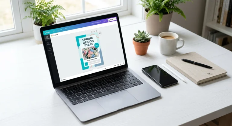 A laptop showing the Canva editor with a Pinterest pin template, illustrating how to use Canva for Pinterest.