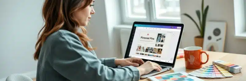 Woman creating Pinterest pins in Canva at a modern desk