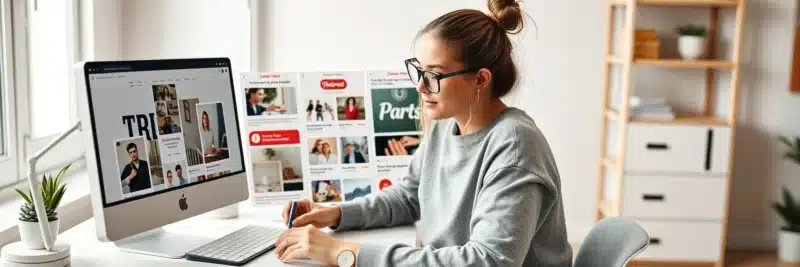 Woman improving Pinterest pin layouts and typography in Canva