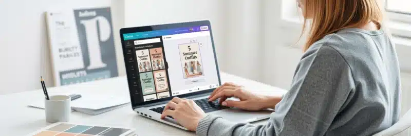 Woman creating branded Canva Pinterest templates