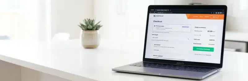 Laptop on a bright white kitchen island displaying the Hostinger checkout page with the Premium plan selected and free domain confirmed as an example of cheap hosting for bloggers