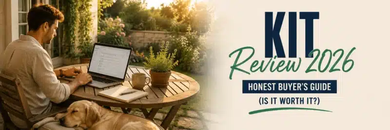 Man working at a garden patio table on a laptop for this ConvertKit review of Kit's 2026 features and pricing