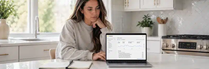 Woman in casual clothes at a bright white kitchen island with laptop showing Google Analytics top pages report as part of choosing the right topic to create a lead magnet for your blog