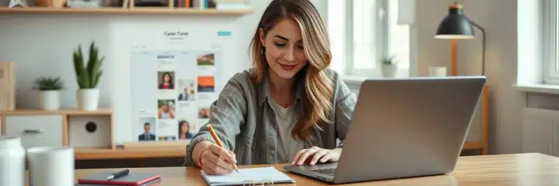 Woman batch creating Pinterest pins in Canva workflow