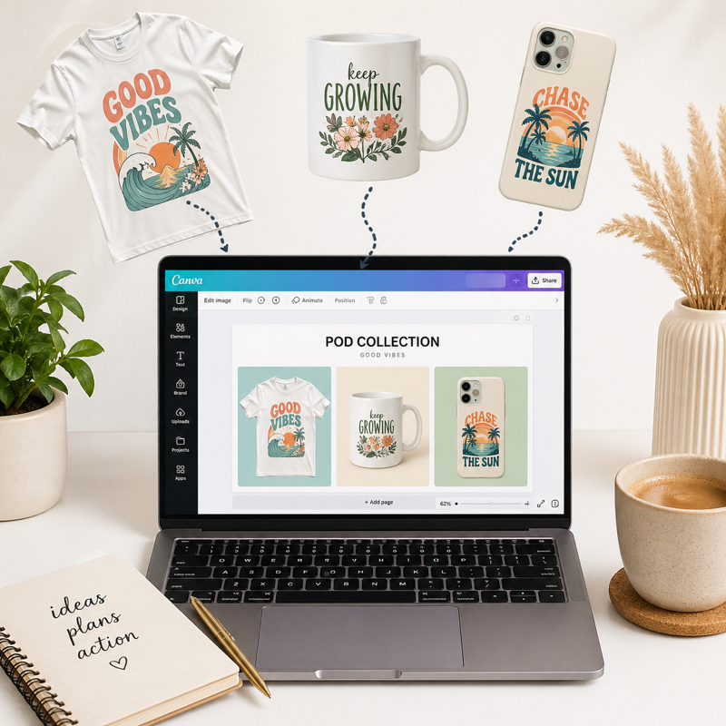 Laptop showing Canva design for print on demand products including t-shirt mug and phone case, representing digital income