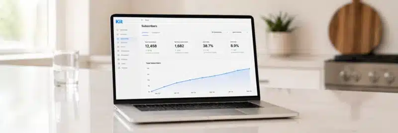 Laptop on a bright white kitchen island displaying the Kit ConvertKit subscriber dashboard with a growing subscriber count graph showing the results of consistent drip email marketing