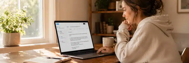 Woman in casual home working clothes at a warm walnut home office desk with laptop showing an affiliate recommendation email being written in Kit ConvertKit as an example of email copy templates