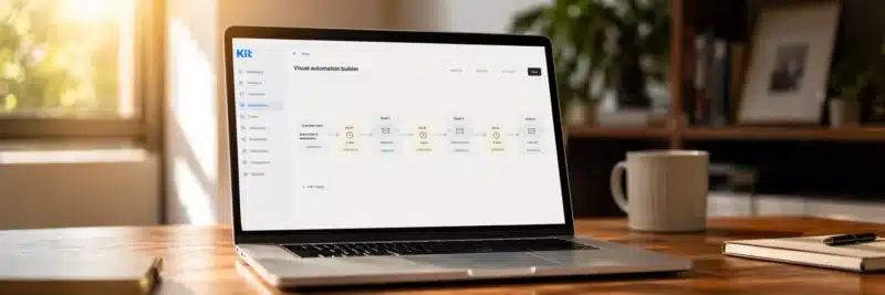 Laptop on a warm walnut home office desk displaying the Kit ConvertKit automation builder showing an email drip campaign sequence flow with connected steps and delay nodes