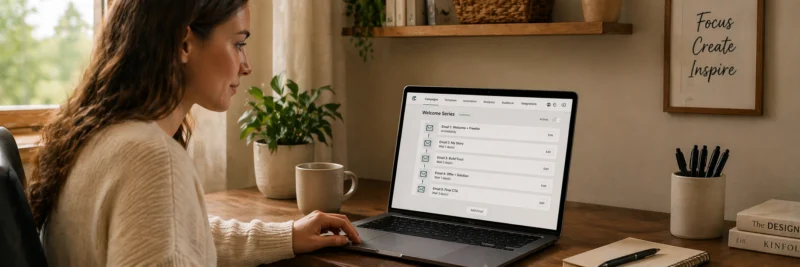 Woman at desk with laptop showing email automation sequence used to deliver a lead magnet