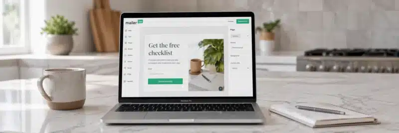 Laptop on a bright white kitchen island displaying the MailerLite landing page builder with a simple lead magnet signup page showing a headline, email form, and call to action button as part of an email list lead magnet setup
