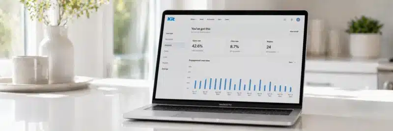 Laptop on a bright white kitchen island displaying the Kit ConvertKit email campaign analytics page with open rate click rate and replies count as part of a guide to email marketing examples