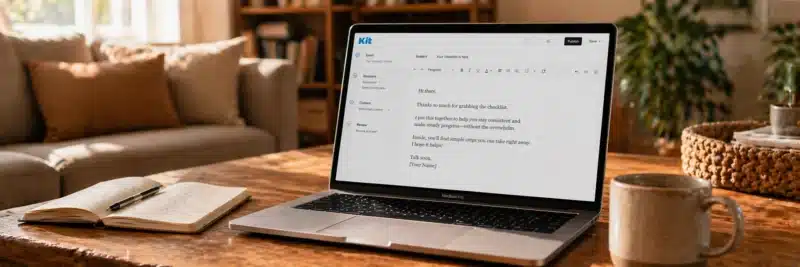 Laptop on a warm living room coffee table displaying the Kit ConvertKit email composition window with a welcome email template being written as a hero image for email marketing templates