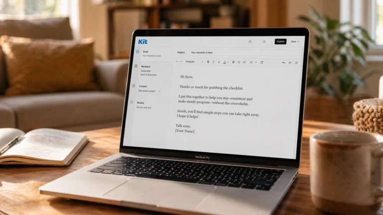 Laptop on a warm living room coffee table displaying the Kit ConvertKit email composition window with a welcome email template being written as part of a guide to email marketing templates