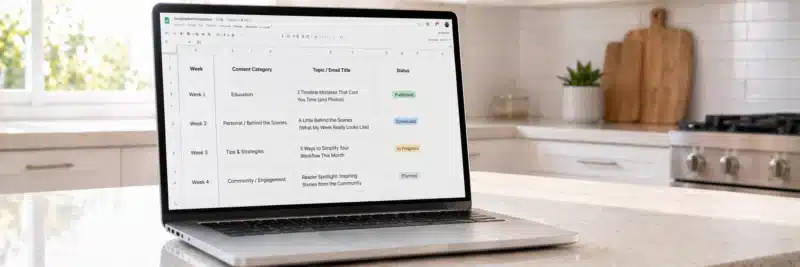 Laptop on a bright white kitchen island displaying a simple spreadsheet content calendar for email newsletter ideas with four weeks of planned topics visible in a clean grid
