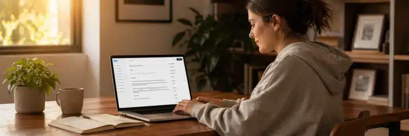 Woman in casual home working clothes at a warm walnut home office desk with laptop showing a Kit ConvertKit email composition window with a nurture campaign email being written