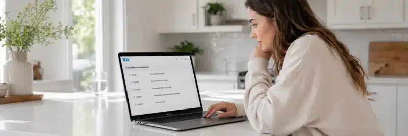 Woman in casual clothes at a bright white kitchen island with laptop showing a five-email welcome sequence in Kit ConvertKit as an example of email templates for bloggers