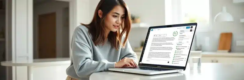  Woman in casual clothes at a bright white kitchen island with laptop showing the Rank Math SEO plugin panel with a high green score as one of the essential tools for bloggers
