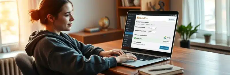 Woman in casual home working clothes at a warm walnut home office desk with laptop showing the UpdraftPlus backup settings page with Google Drive selected as part of a guide to essential WordPress plugins