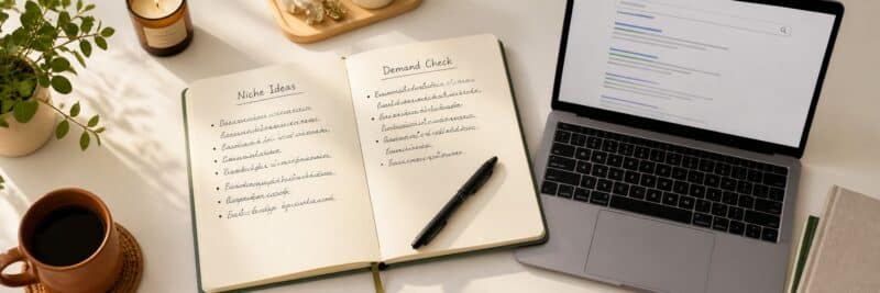 Overhead view of a notebook with niche research columns beside a laptop, planning an Etsy printables shop