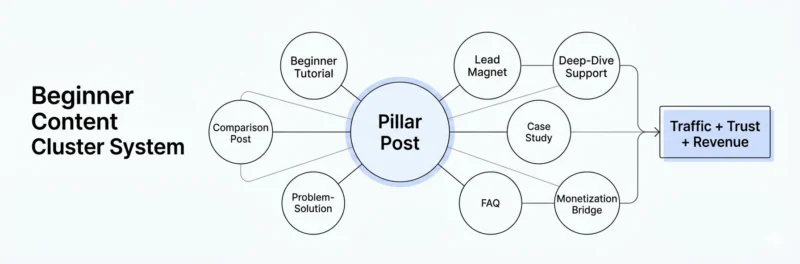 Simple content cluster diagram showing a pillar post connected to beginner tutorial, comparison, tools, FAQ, case study, deep-dive support, and monetization posts leading to traffic trust and revenue