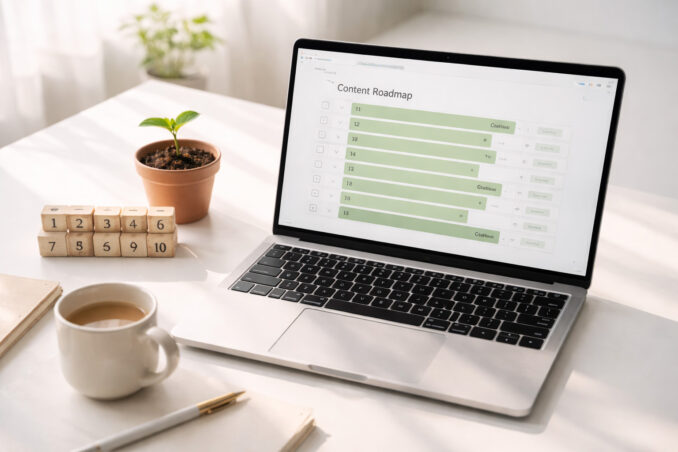 A laptop showing a blog content roadmap next to a growing plant, symbolizing the first 10 blog posts for a new blog.