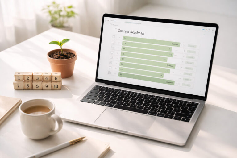 A laptop showing a blog content roadmap next to a growing plant, symbolizing the first 10 blog posts for a new blog.