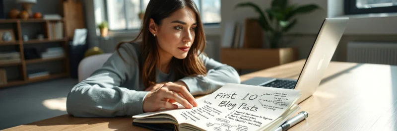 Female blogger planning her first 10 blog posts in a premium workspace